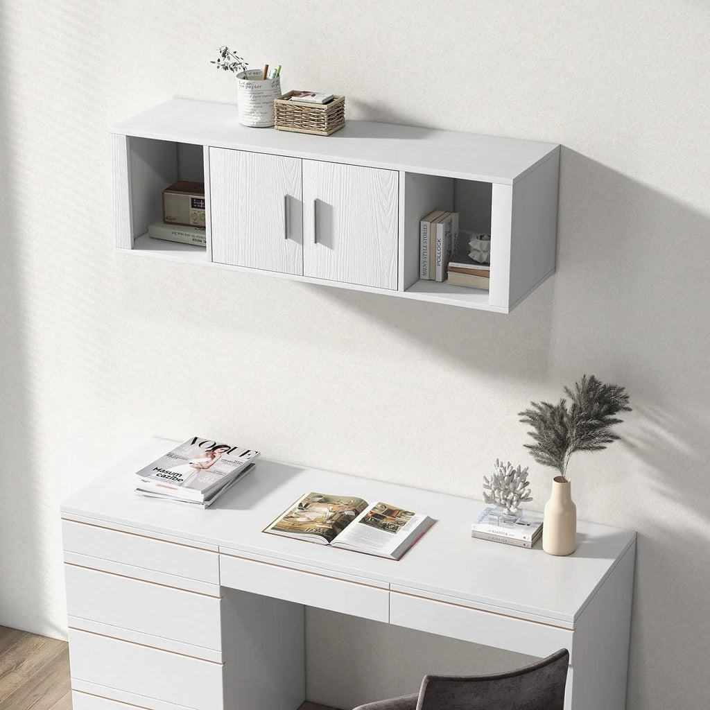 Wall Mounted Storage Cabinet 2 Cube Floating Desk with 2 Doors and 2 Open Shelves White F709629