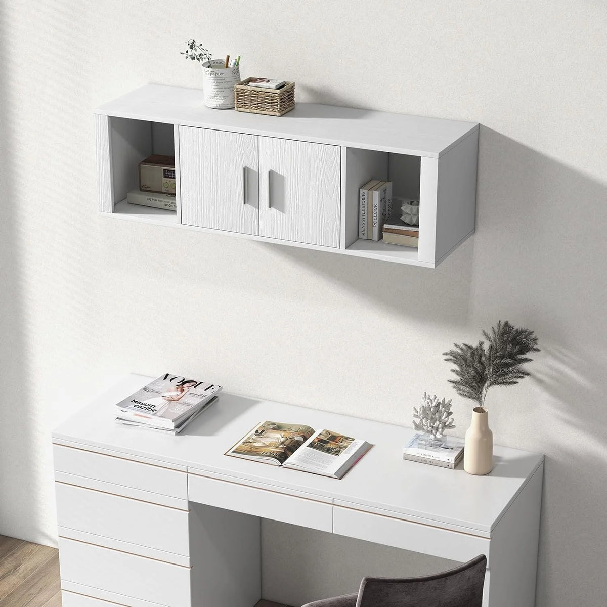 Wall Mounted Storage Cabinet 2 Cube Floating Desk with 2 Doors and 2 Open Shelves White F709629