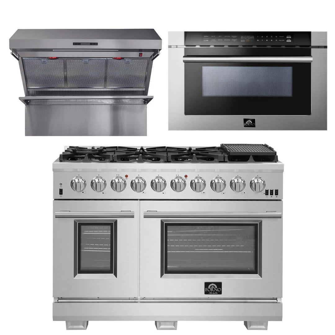 48 Inch Gas Burner Electric Oven Pro Range, Wall Mount Range Hood, Microwave Drawer B4496