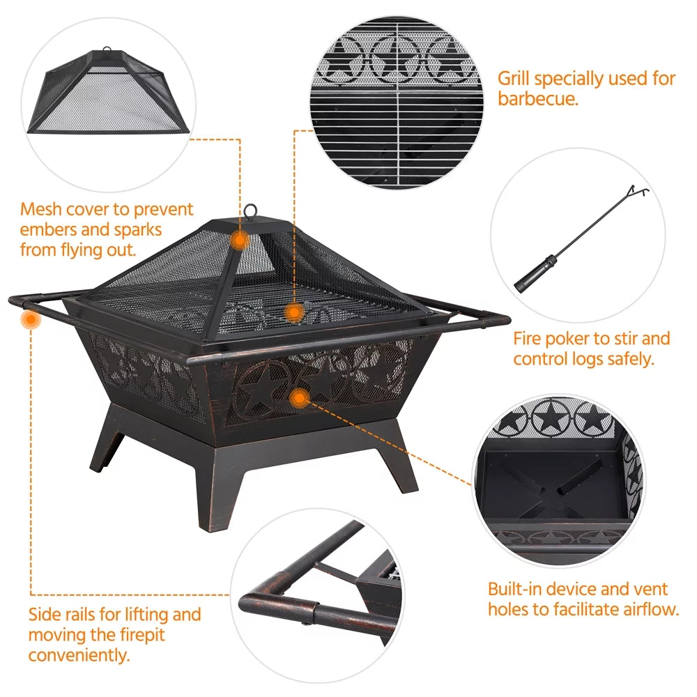Iron Fire Pit with Mesh Cover Grills Poker N70618