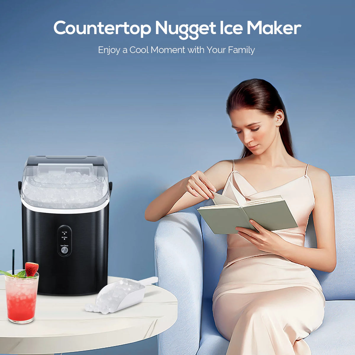 Portable Nugget Ice Maker Countertop Self-Cleaning Stainless Steel Black E15053