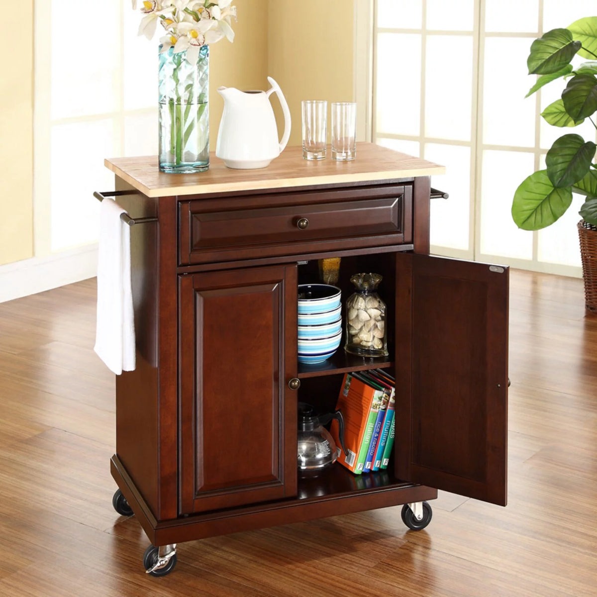 Natural Wood Top Portable Kitchen Cart J78513