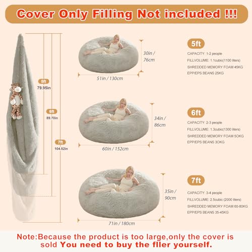 Waterproof Faux Fur 5FT Round Bean Bag Chair Cover with Pocket M6462