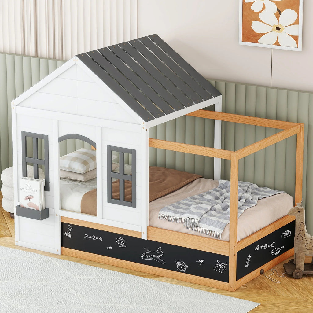 Twin Size House Shaped Canopy Bed with Black Roof & White Window Q99310