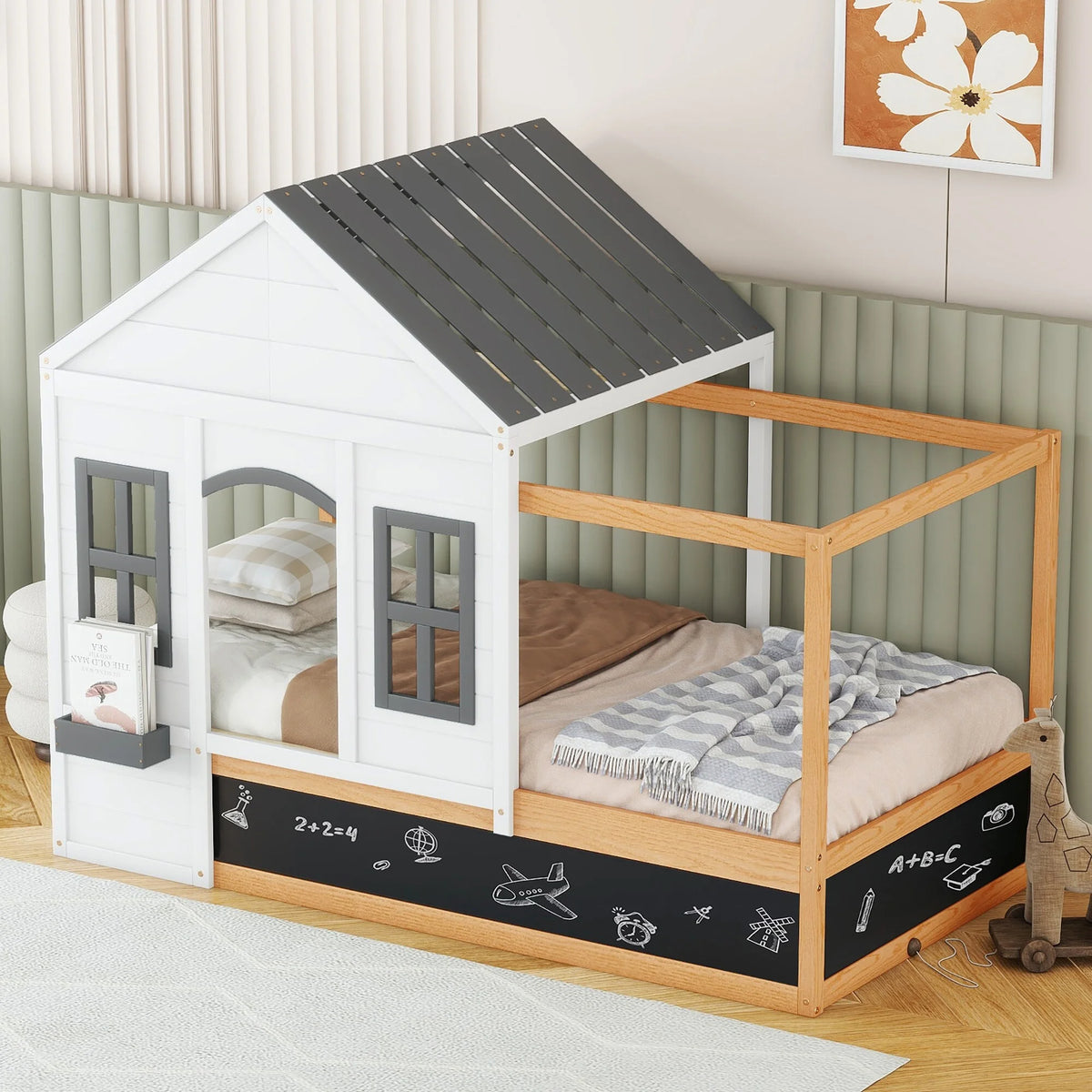 Twin Size House Shaped Canopy Bed with Black Roof & White Window Q99310