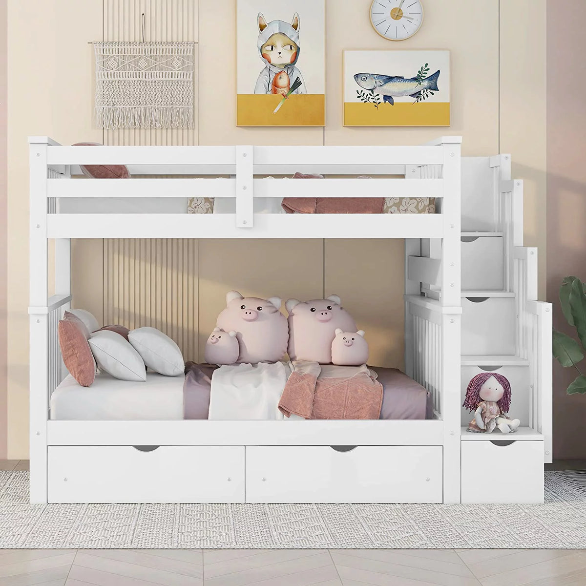 Full Over Full Bunk Bed with Stairs and 6 Storage Drawers L6476