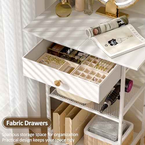 White Compact Vanity Desk with Fabric Drawers J790446