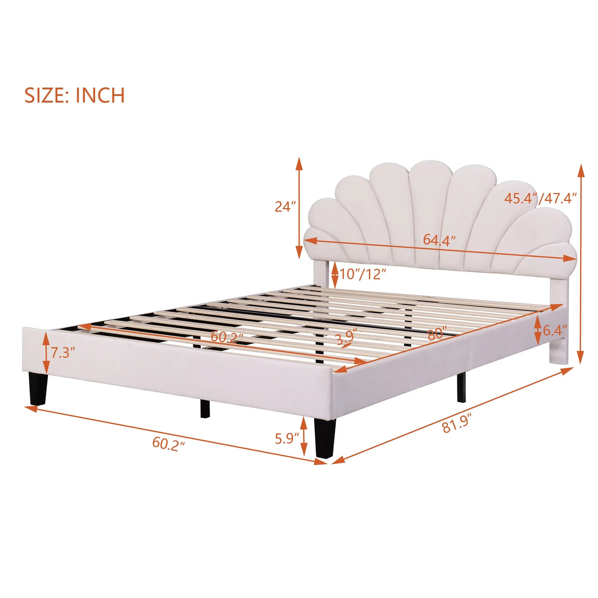 Queen Size Beige Velvet Upholstered Platform Bed with Flower Pattern Headboard A43402
