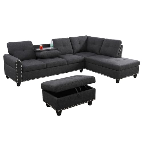 L Shaped Modular Sectional Sofa with Ottoman Storage, Gray C850