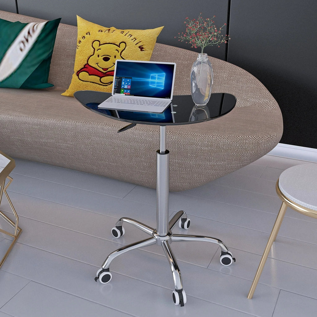 Adjustable Height Black Tempered Glass Table Desk with Lockable Wheels V466