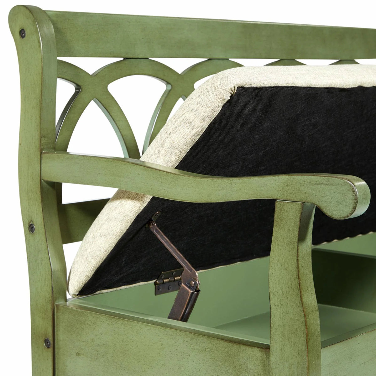 Antique Black Storage Bench with Beige Seat Cushion E3599