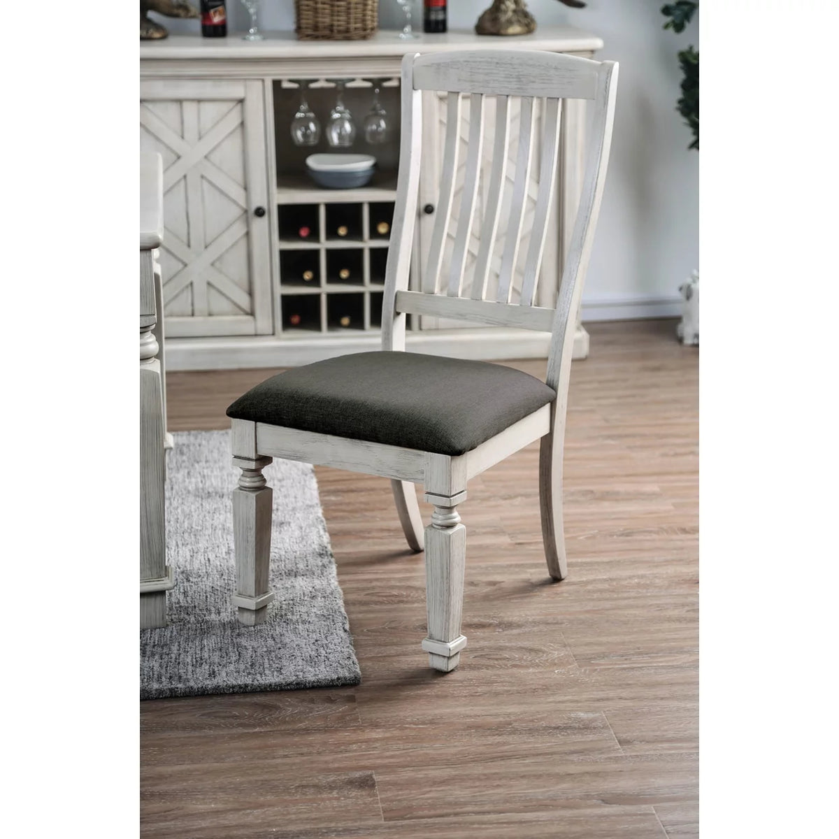 Wooden Side Chair with Fabric Upholstered Padded Seat Pack of Two Antique White and Gray C808