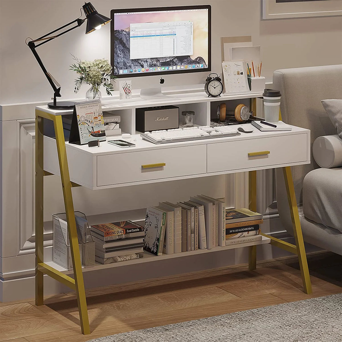 White and Gold Computer Desk with Drawers M463