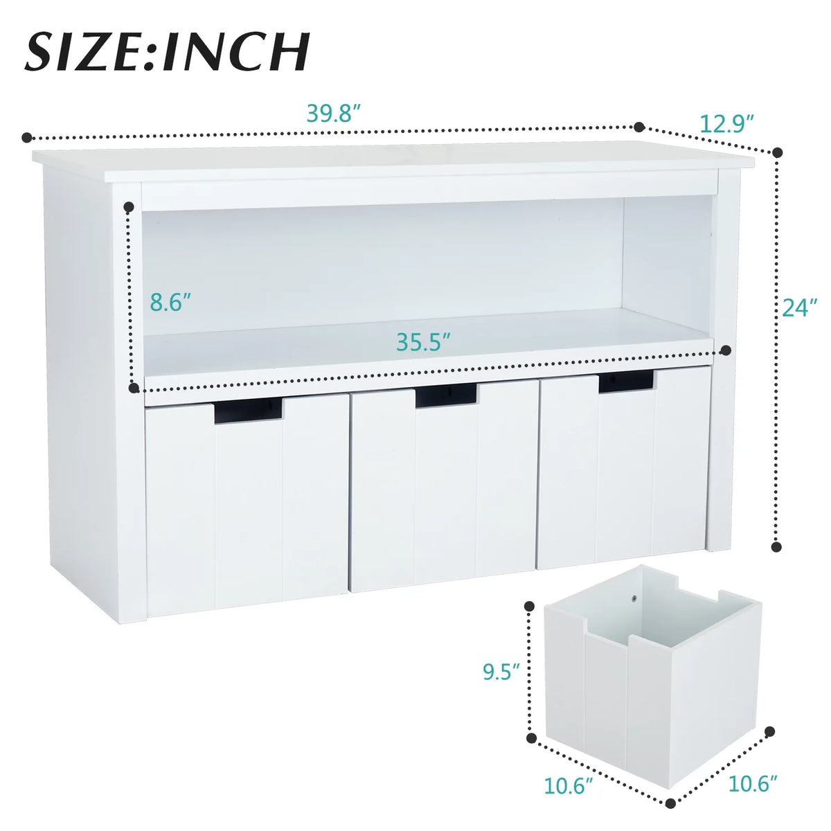 White Storage Cabinet with 3 Rolling Box Cubes and Large Shelf M482709