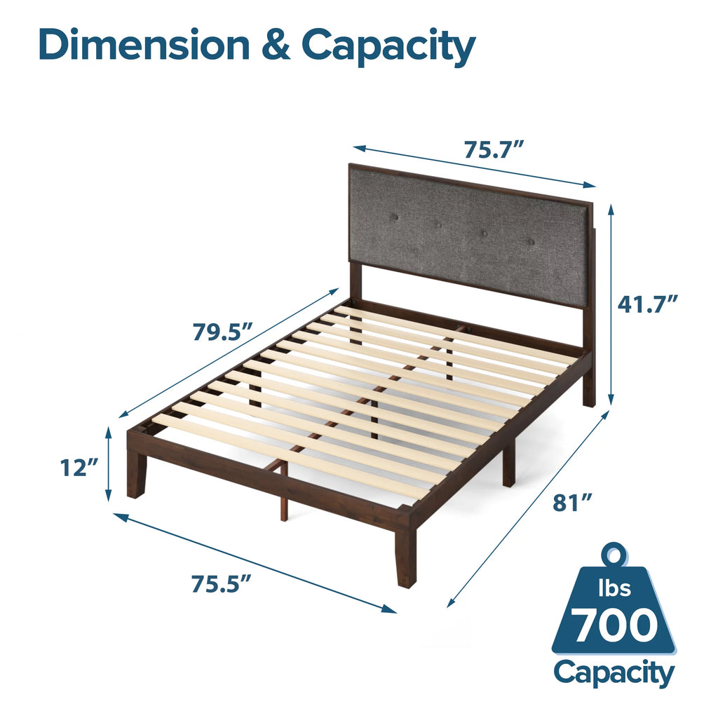 King Wood Platform Bed Frame with Adjustable Upholstered Headboard E948051